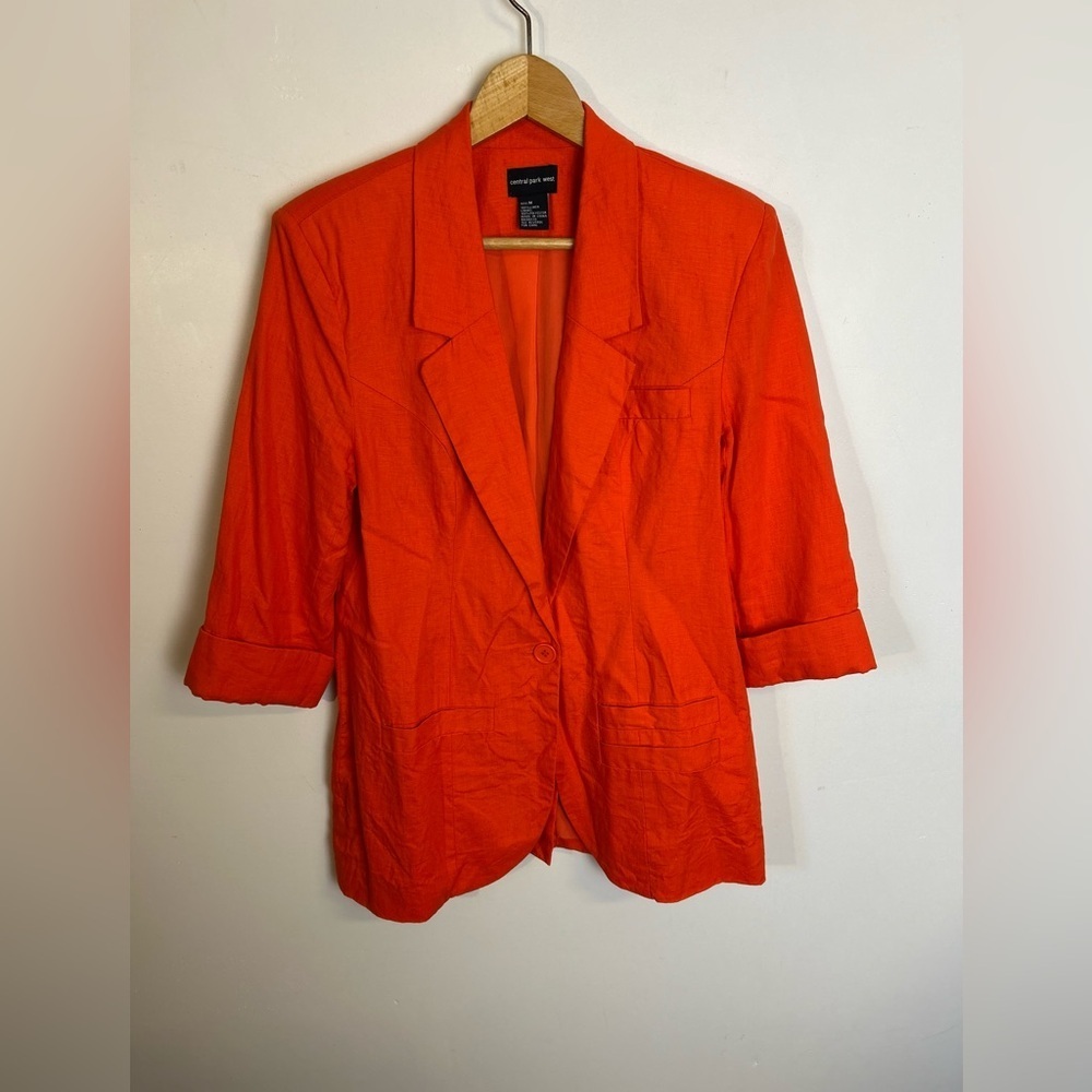 Central Park West Women's Orange Blazer 100% Linen Size M Natural Breathable